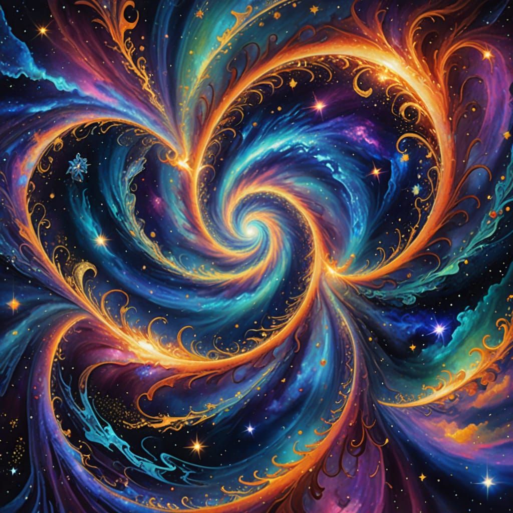 Cosmic Vortex: Swirling Galaxies in Vibrant Iridescence