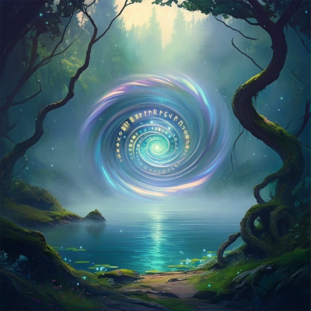 Ethereal Vortex with Glowing Runes on Misty Lake
