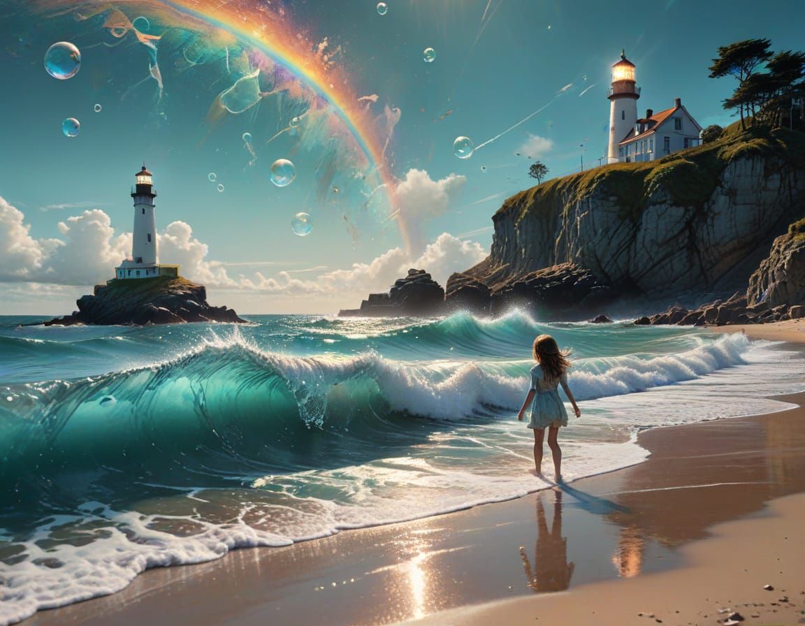 Children Chasing Rainbow Bubbles on Bokeh Beach