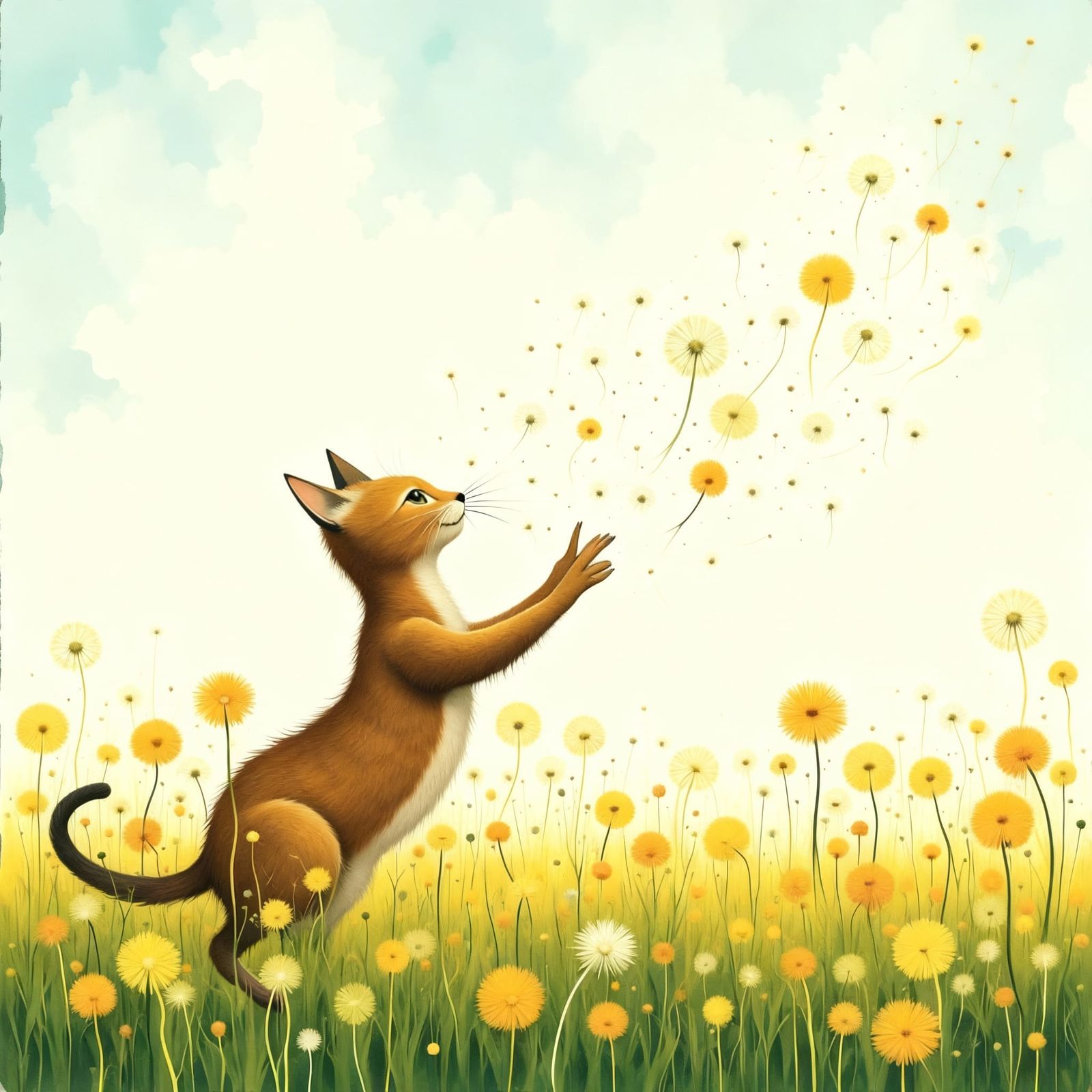 Cat Plays in Dandelion Field, Seeds Fly