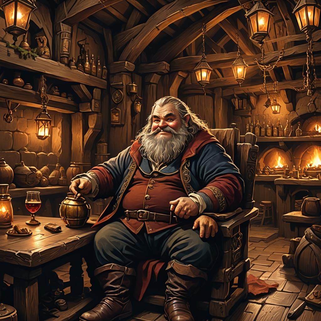 Hobbit Smoking Cigar in Cozy Medieval Tavern