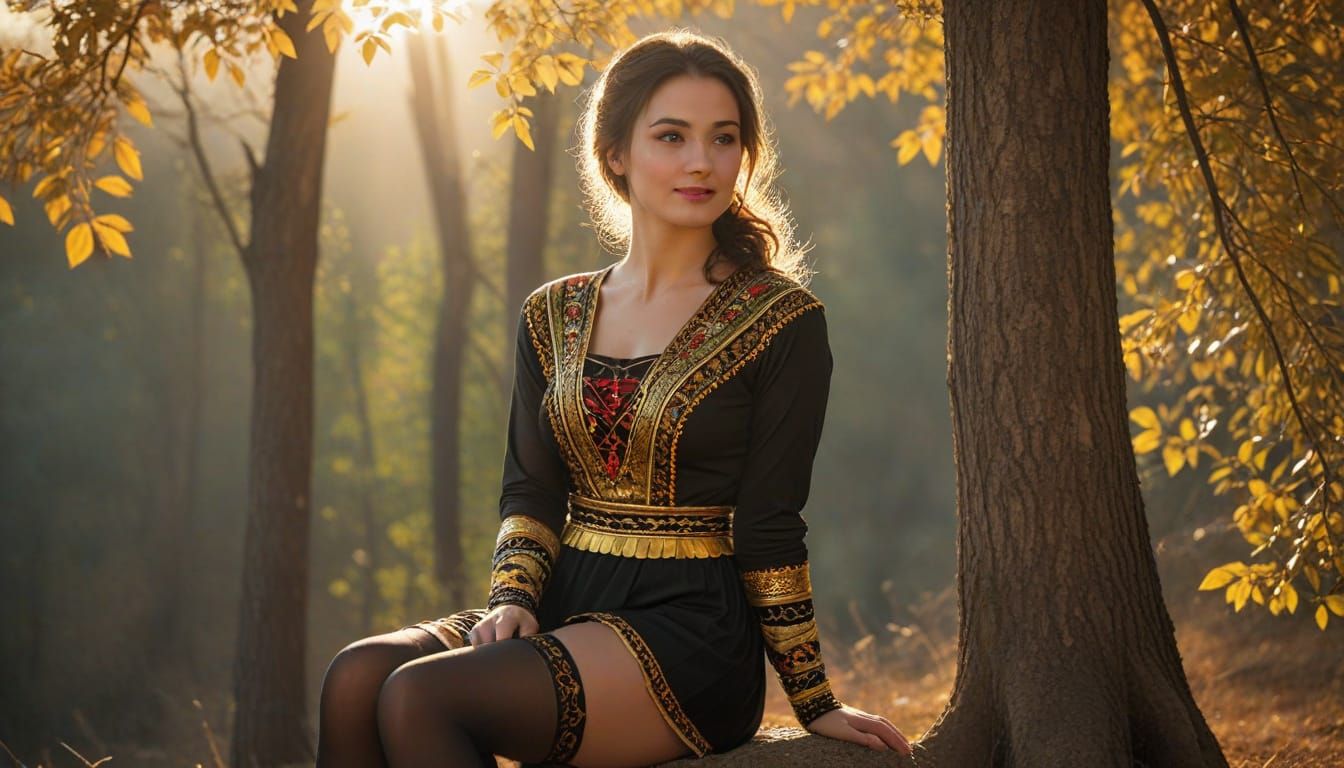Young Woman in Macedonian Costume in Evening Sunlight