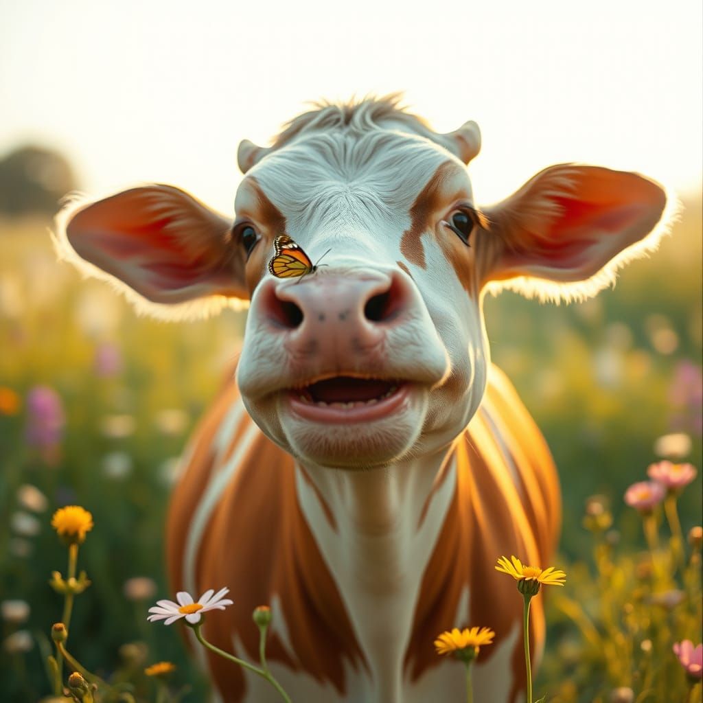 Whimsical Cow Surprised by a Colorful Butterfly in a Dreamy ...