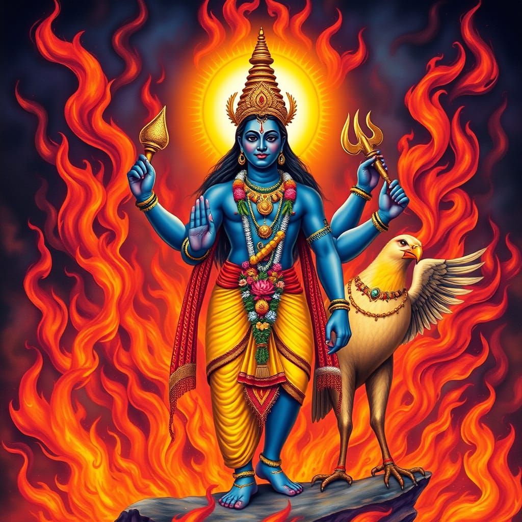 Benevolent Lord Vishnu in Serene Harmony with Flames