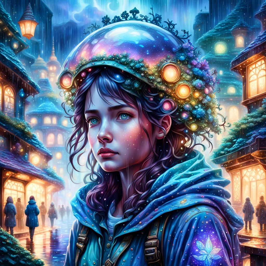 Sci-Fi Protagonist in Fairy City, Thomas Kinkade Style
