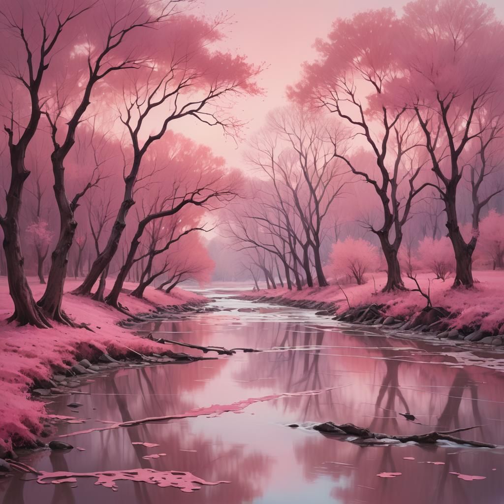 Pink River Landscape in Rothko-Inspired Surreal Style