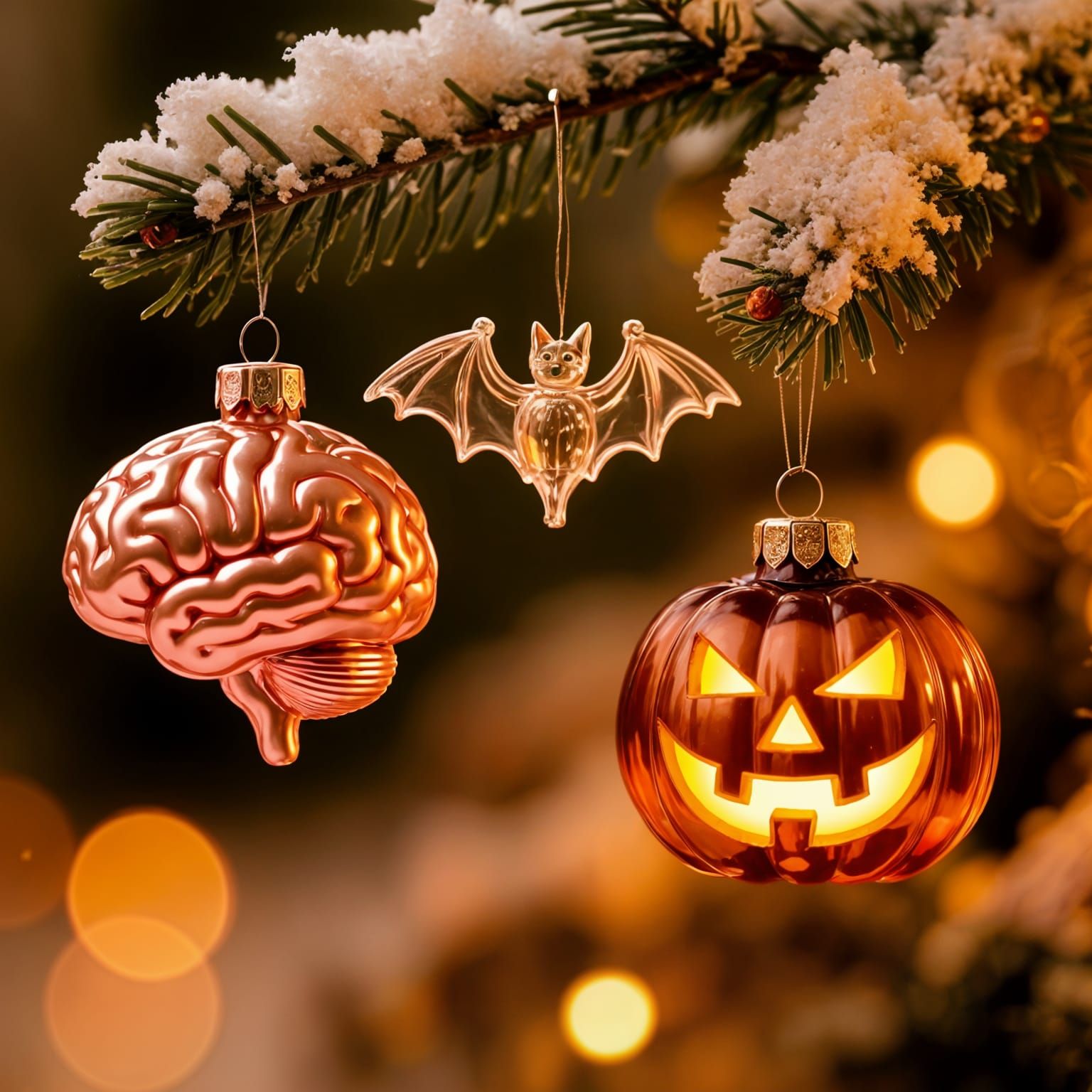 Shiny Glass Ornaments: Brain, Bat, Jack-o'-Lantern on Fir Tr...