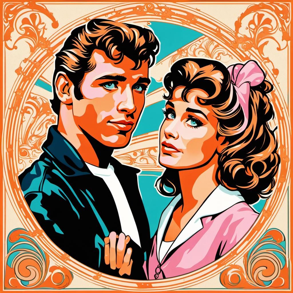 Danny and Sandy in Alphonse Mucha Art Nouveau Style