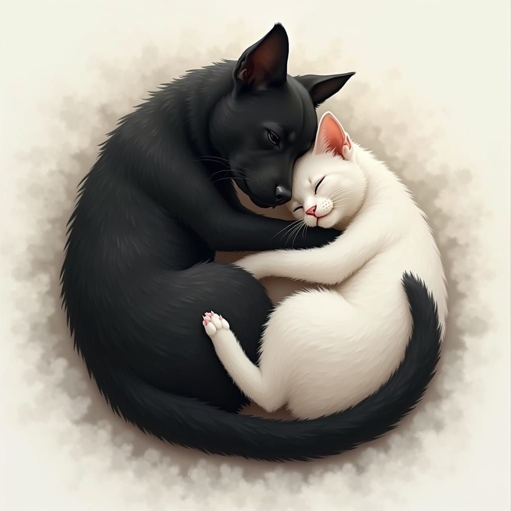 Harmonious Yin-Yang Fusion of Black Dog and White Cat