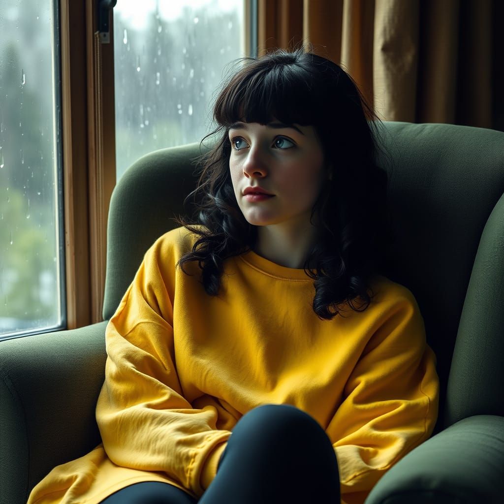 Melancholic Woman Stares out Rainy Window