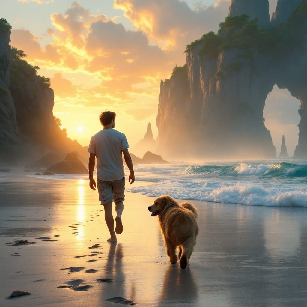 Man and Dog on Beach in Fantasy Landscape