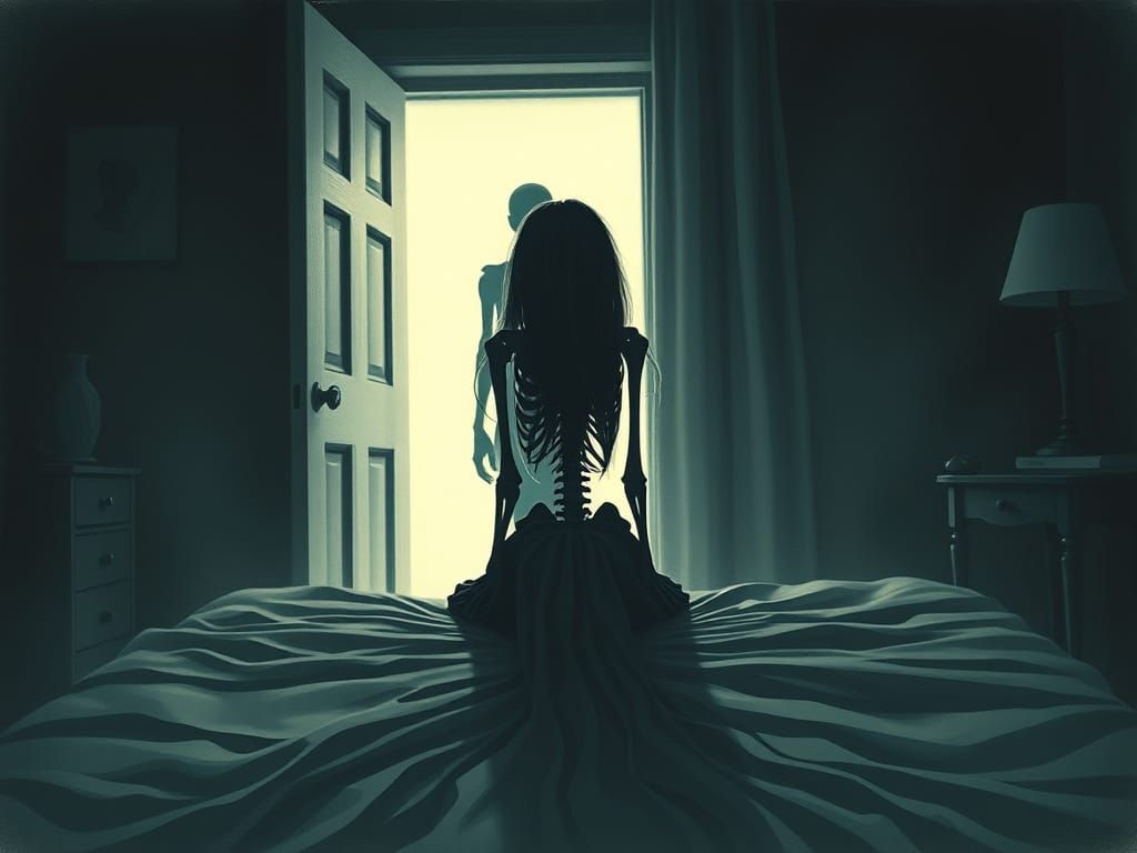 Skeletal Girl in Edward Gorey-Inspired Bedroom Scene