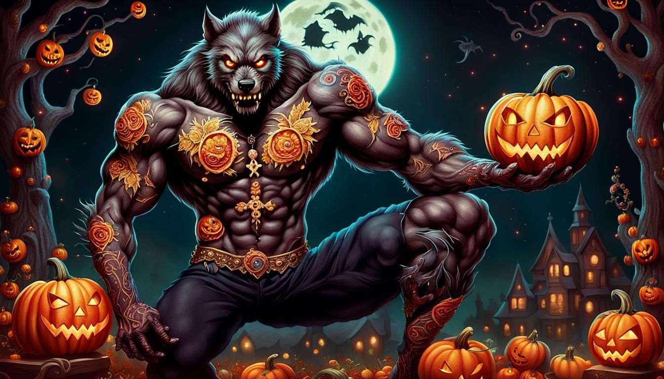Werewolf in High Heels with Halloween Pumpkin
