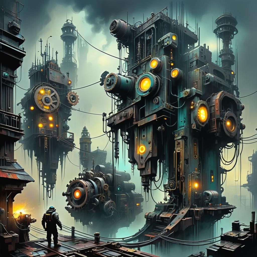 Abstract Cyberpunk Machinery in Creepy Mist