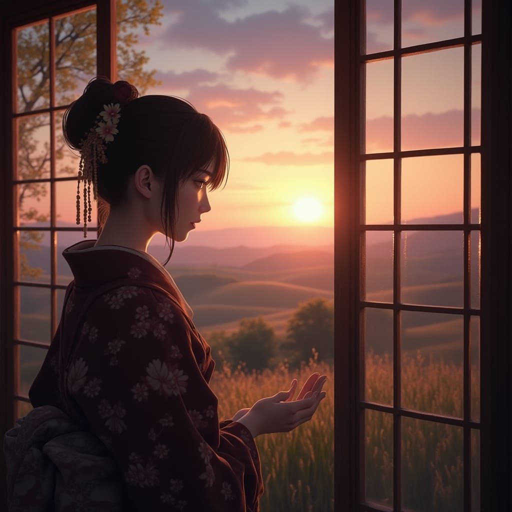 A Melancholic Japanese Woman in Traditional Kimono Looks Out...