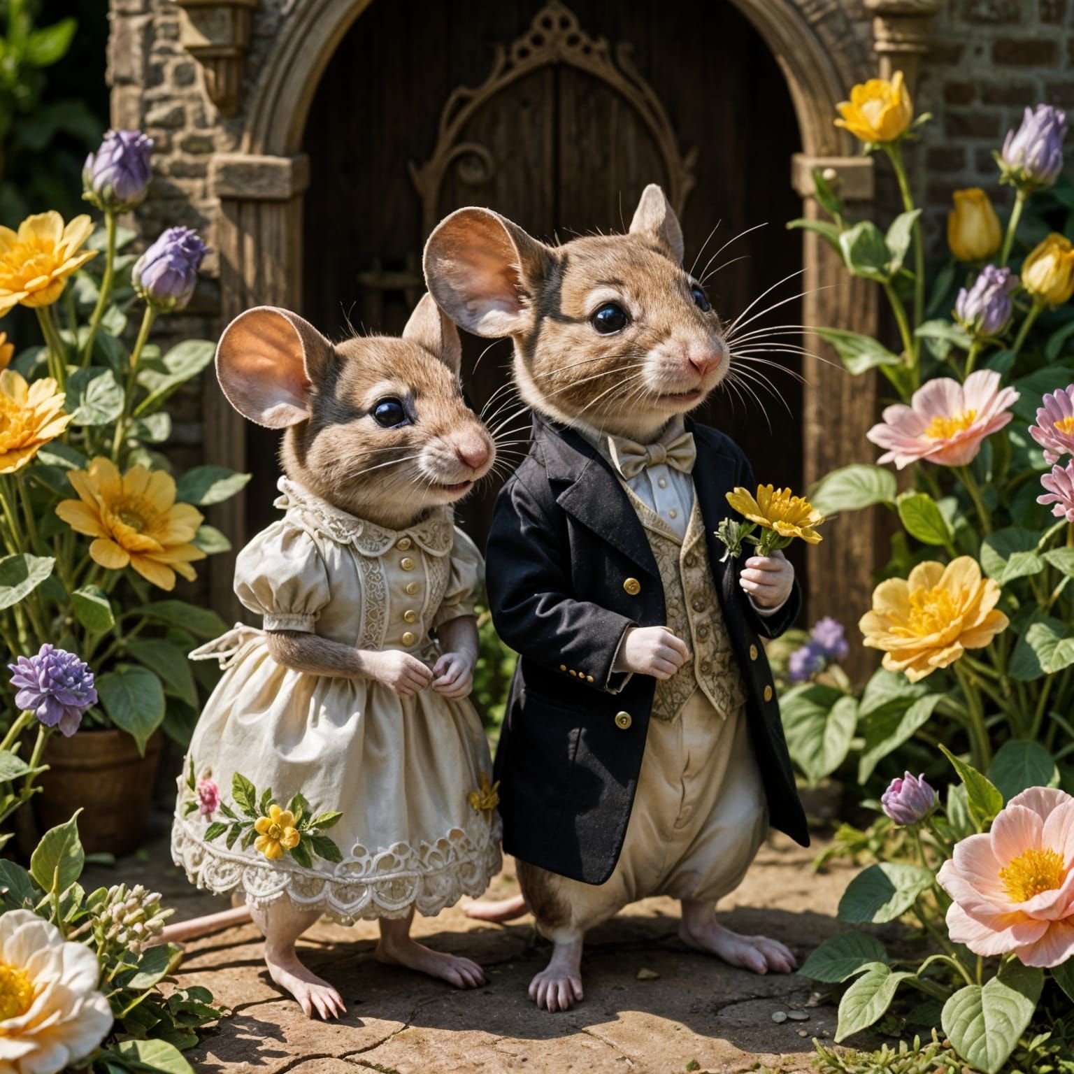 Whimsical Mouse Couple in Cottage Garden