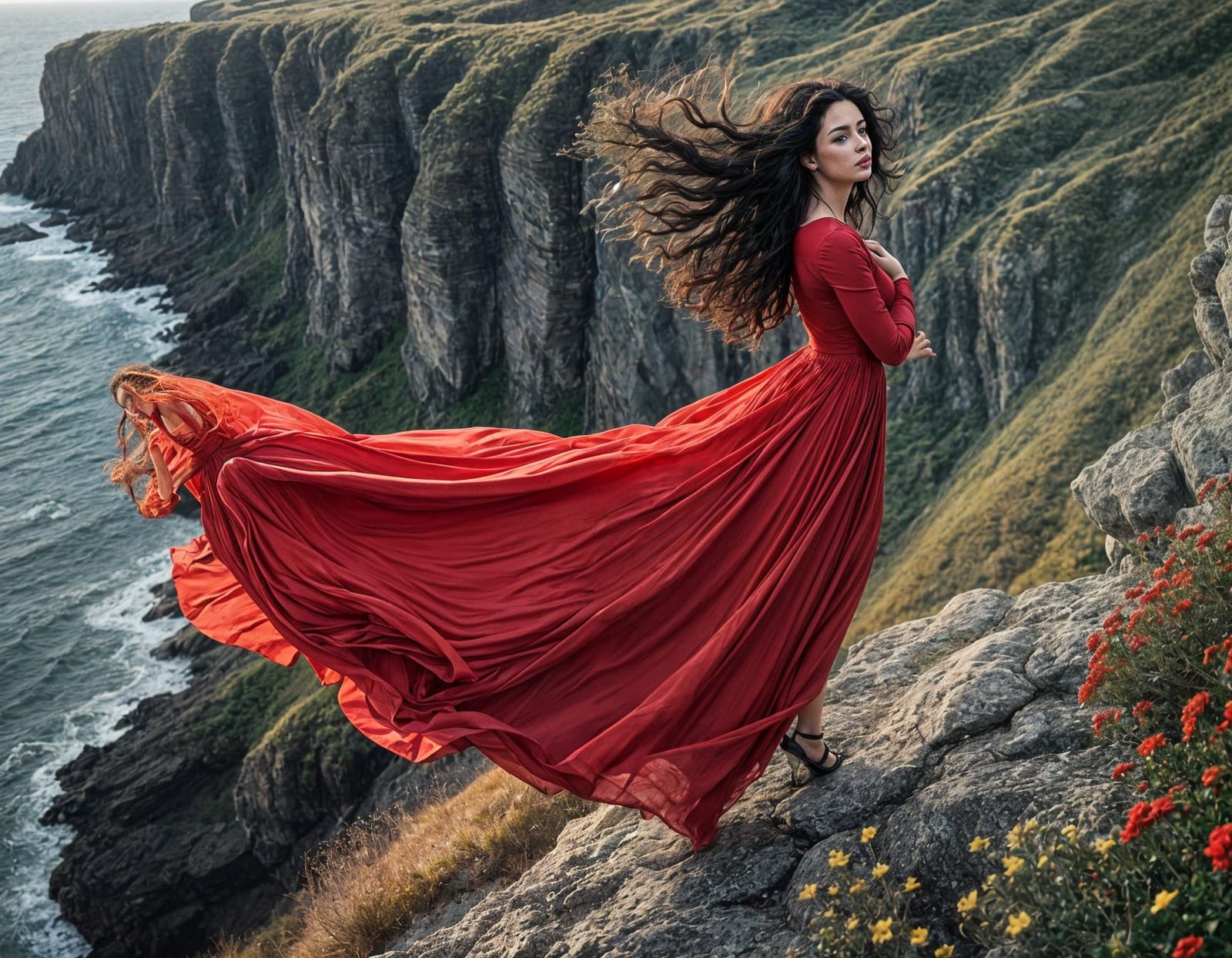 Woman in Red Dress on Cliff in Wind