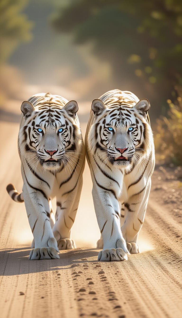 Majestic White Tigers on Dusty Road Wildlife Photography