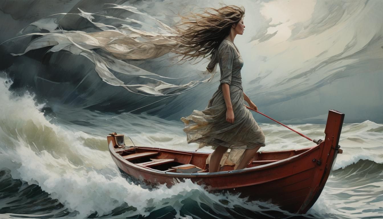 Woman Sailing in Storm, Acrylic and Watercolor Style