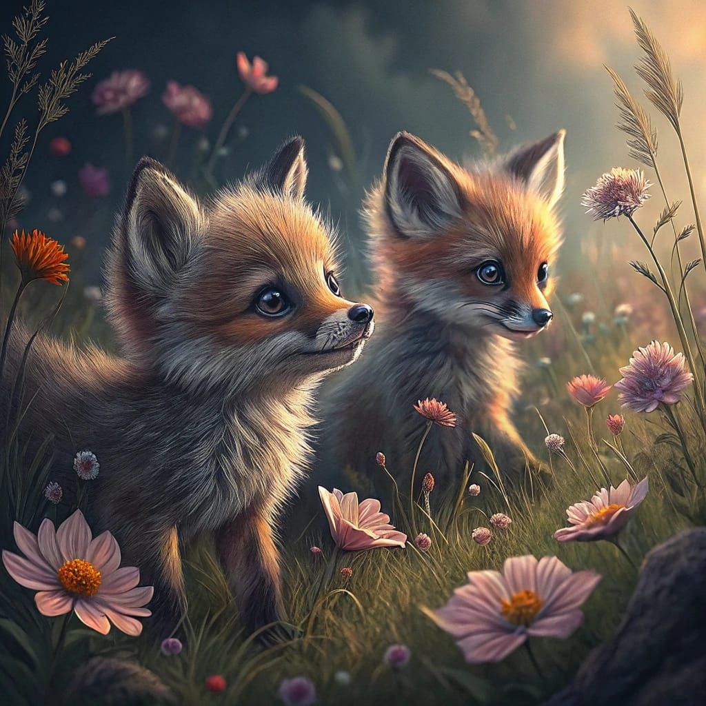 Baby Foxes Playing in Wildflower Meadow: Hyperrealistic Art