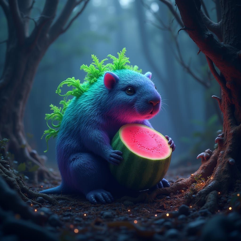 Bioluminescent Capybara Cradles Glowing Watermelon in Mystic...