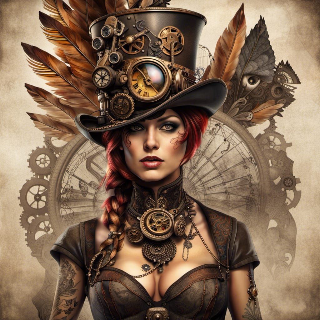 Beautiful Steampunk Woman in Copper and Feathers