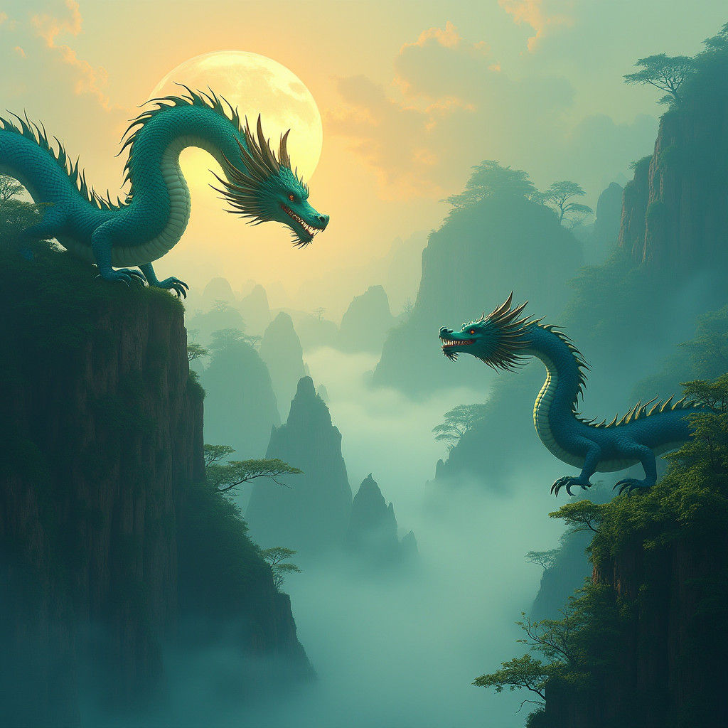Dragons Soaring Over Misty Chinese Landscape