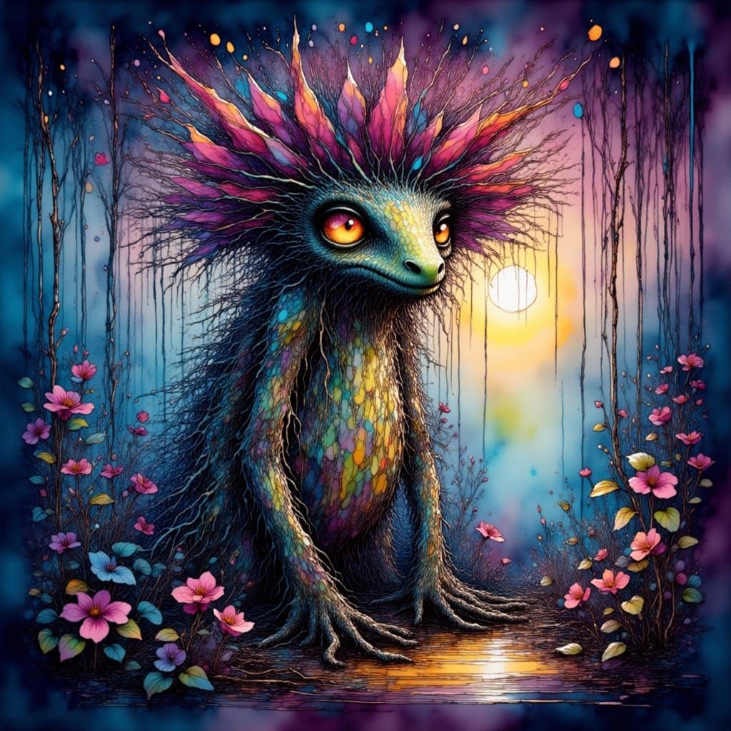 Whimsical Tree Creature in Mysterious Blue Purple Landscape