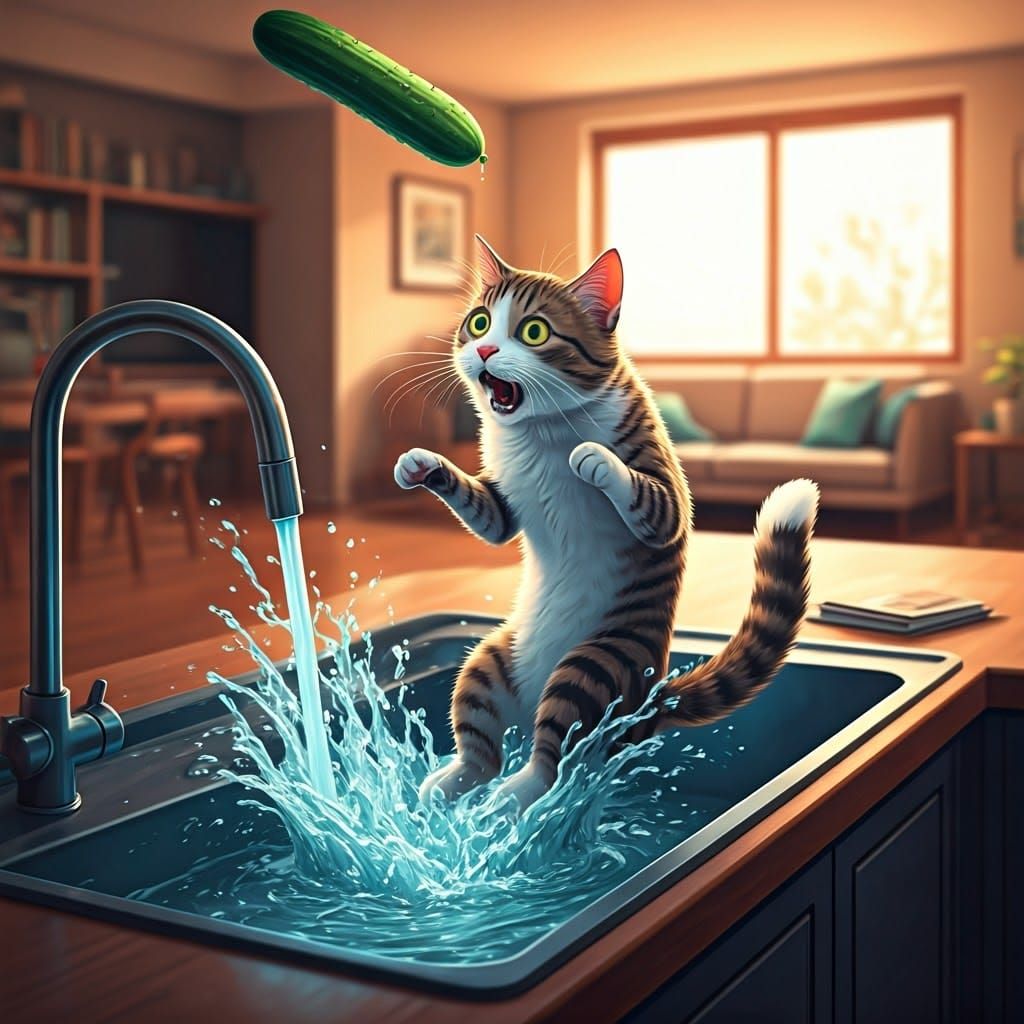 Frightened Cat's Cucumber Escape in Whimsical Illustration