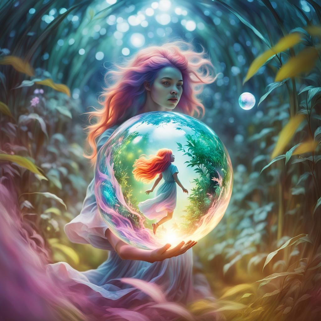 Girl and Glowing Sphere in Surreal Landscape