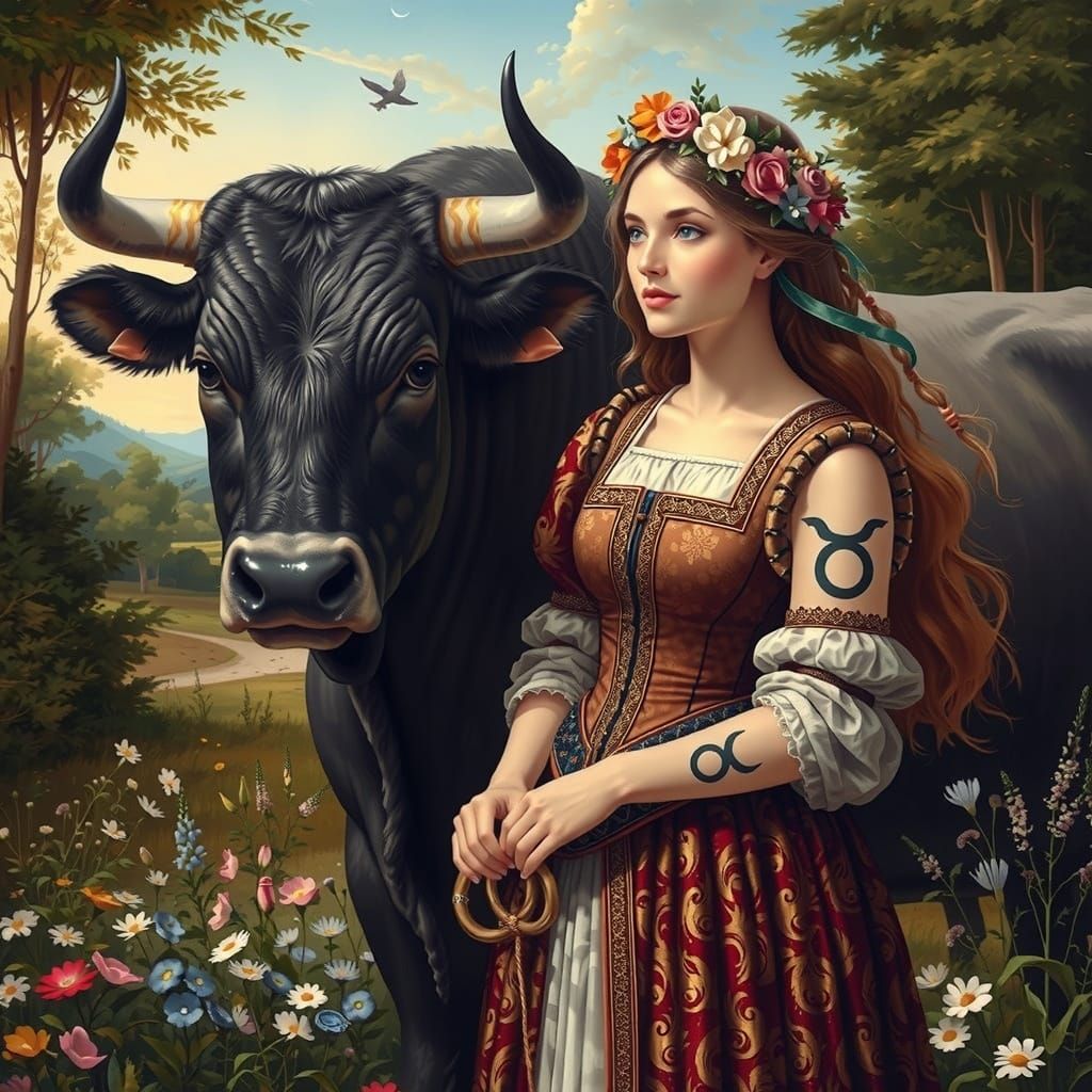 Woman with Bull in Meadow, Fantasy Zodiac Art