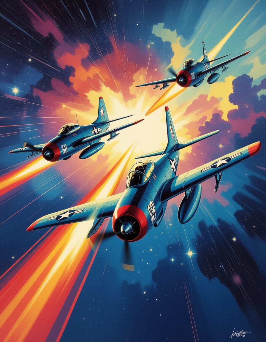 F-86 Jets Soar Through Vibrant Nebula in Pulp Sci-Fi Style
