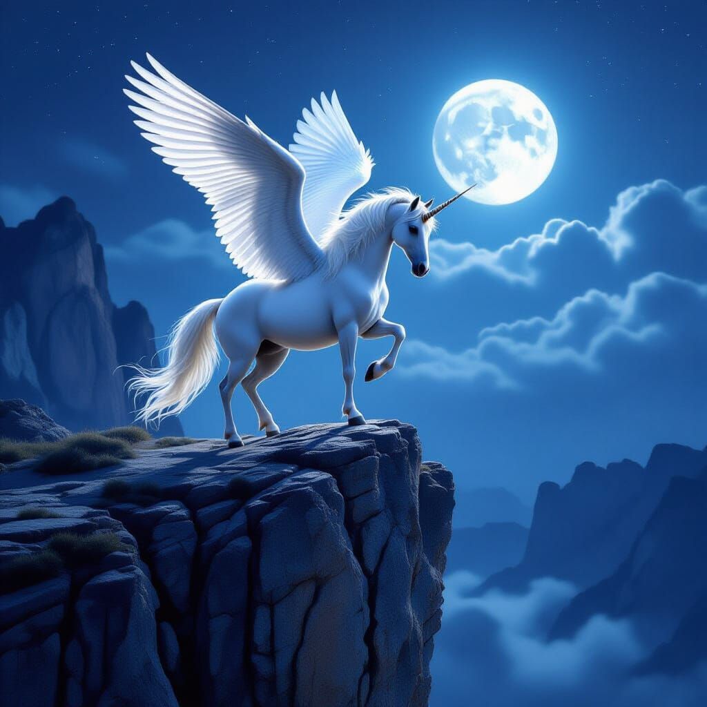 Winged Pegasus on Rocky Cliff in Moonlight