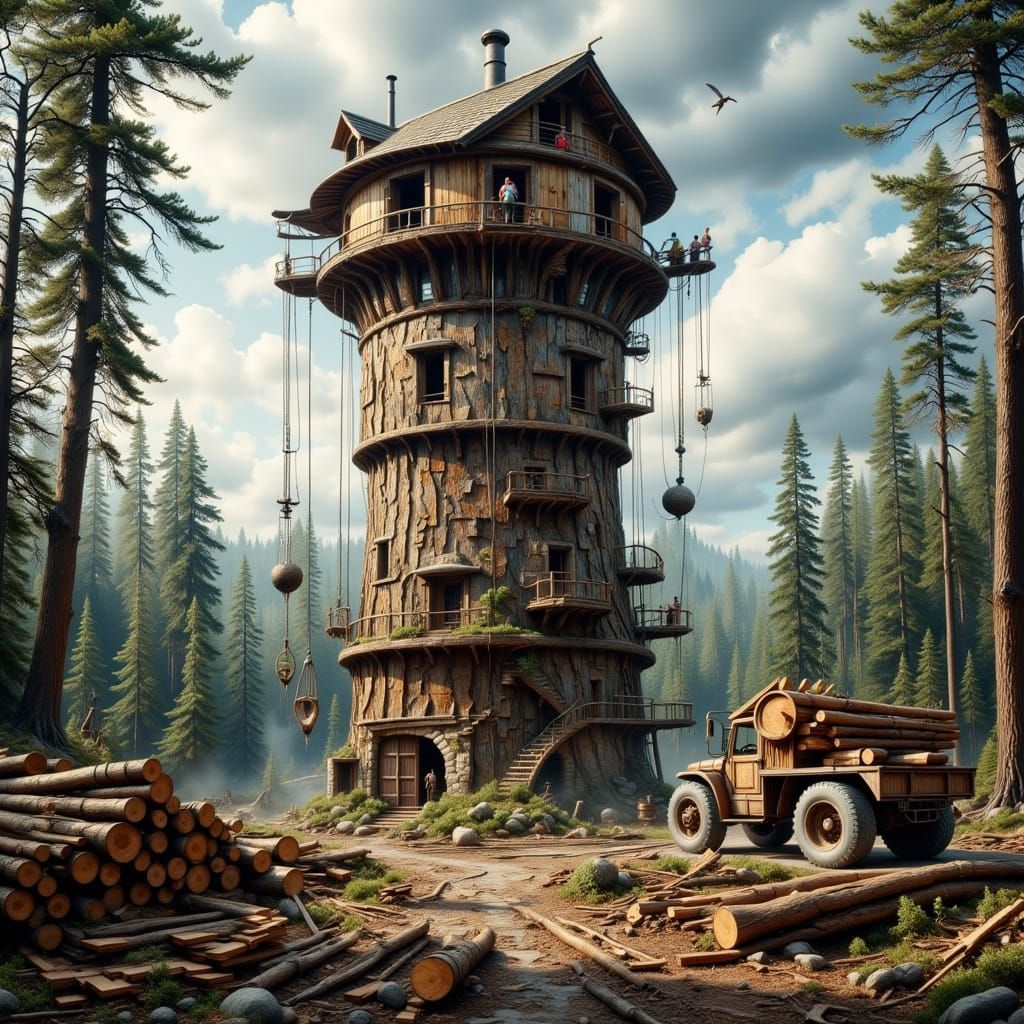 Hyperrealistic Forest Lumber Tower in Watercolor Style