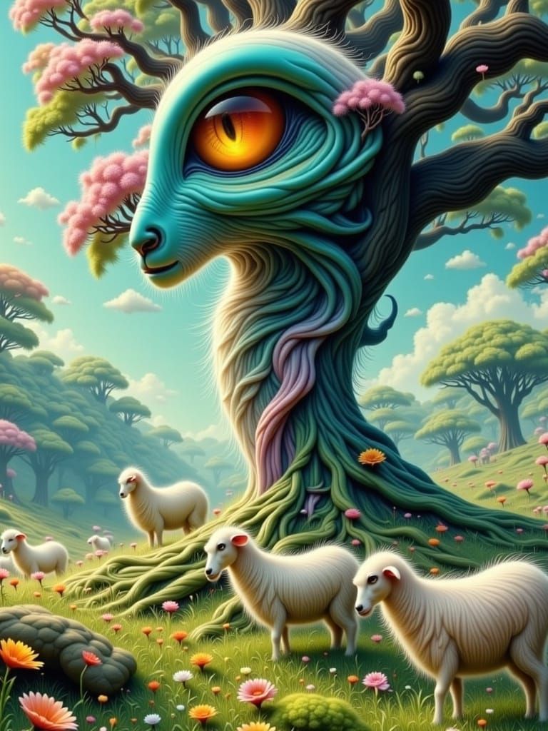 Gynoid Tree Herds Iridescent Sheep in Dreamlike Meadow