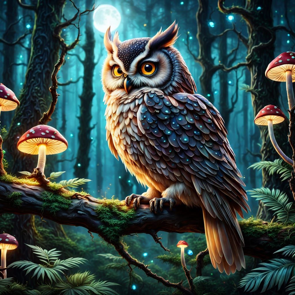 Wise Owl in Mystical Forest: Fantasy Illustration