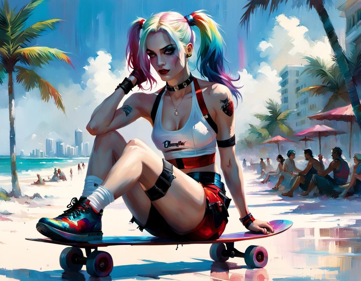 Rainbow Haired Harley Quinn on Skateboard