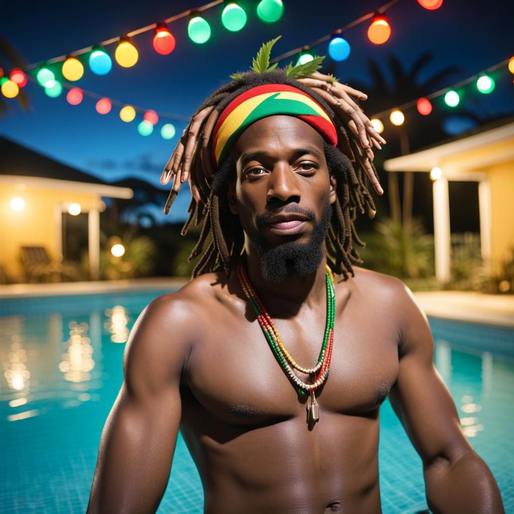 shirtless rasta man relaxing in huge swimming pool with headwear