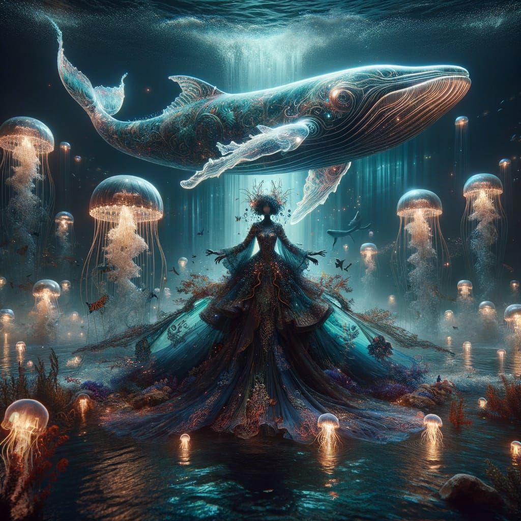 Underwater view of a woman with a  fantastical glowing trans...