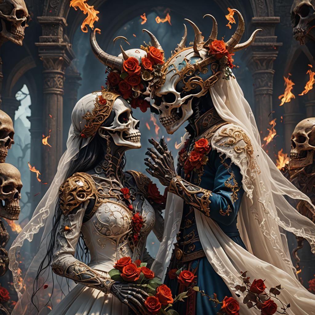 Burn skull diablo ghost couple love kiss wedding