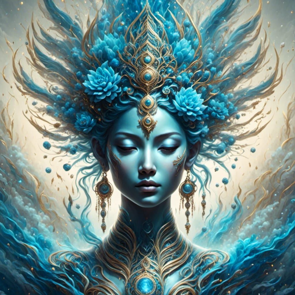 Blue Female Buddha with Thunderbolts in Ethereal Style
