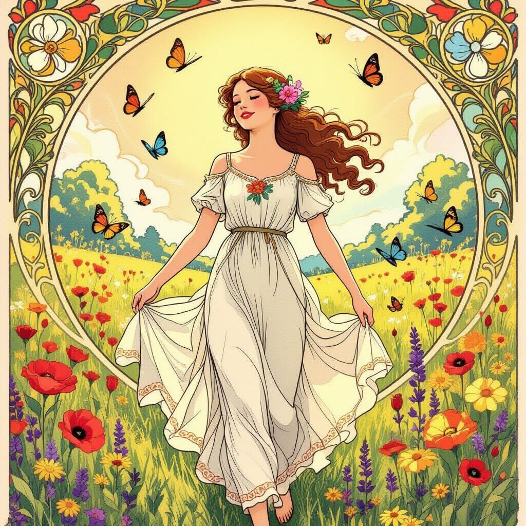 Art Nouveau Girl Walking in Sunny Meadow with Butterflies