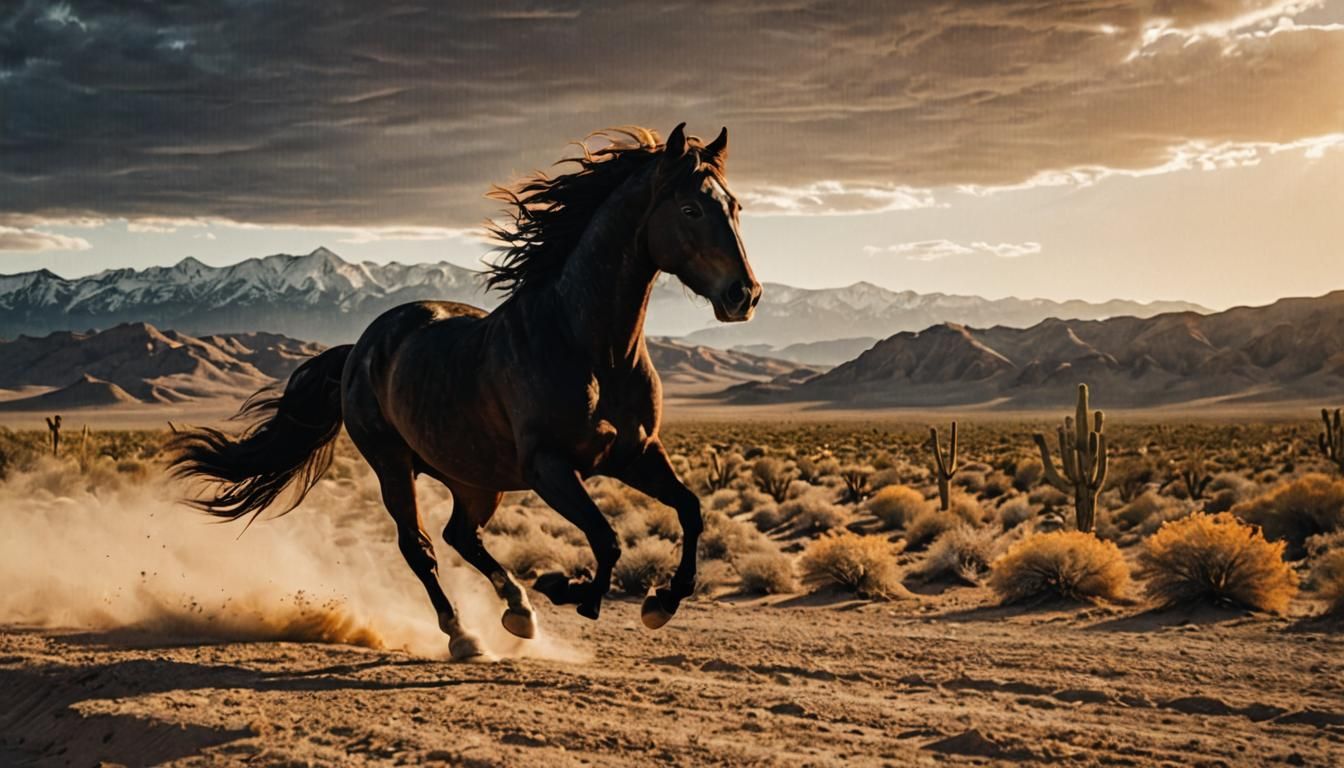 Black Mustang Galloping Through Desert, Cinematic Film