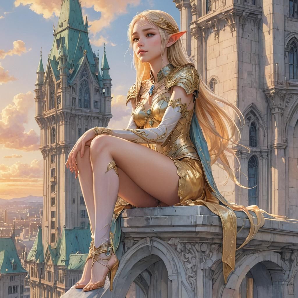 Elven Queen in Anime Style on Skyscraper