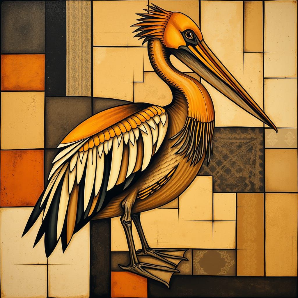 Cubist Pelican Fragmented Forms in Earthy Tones