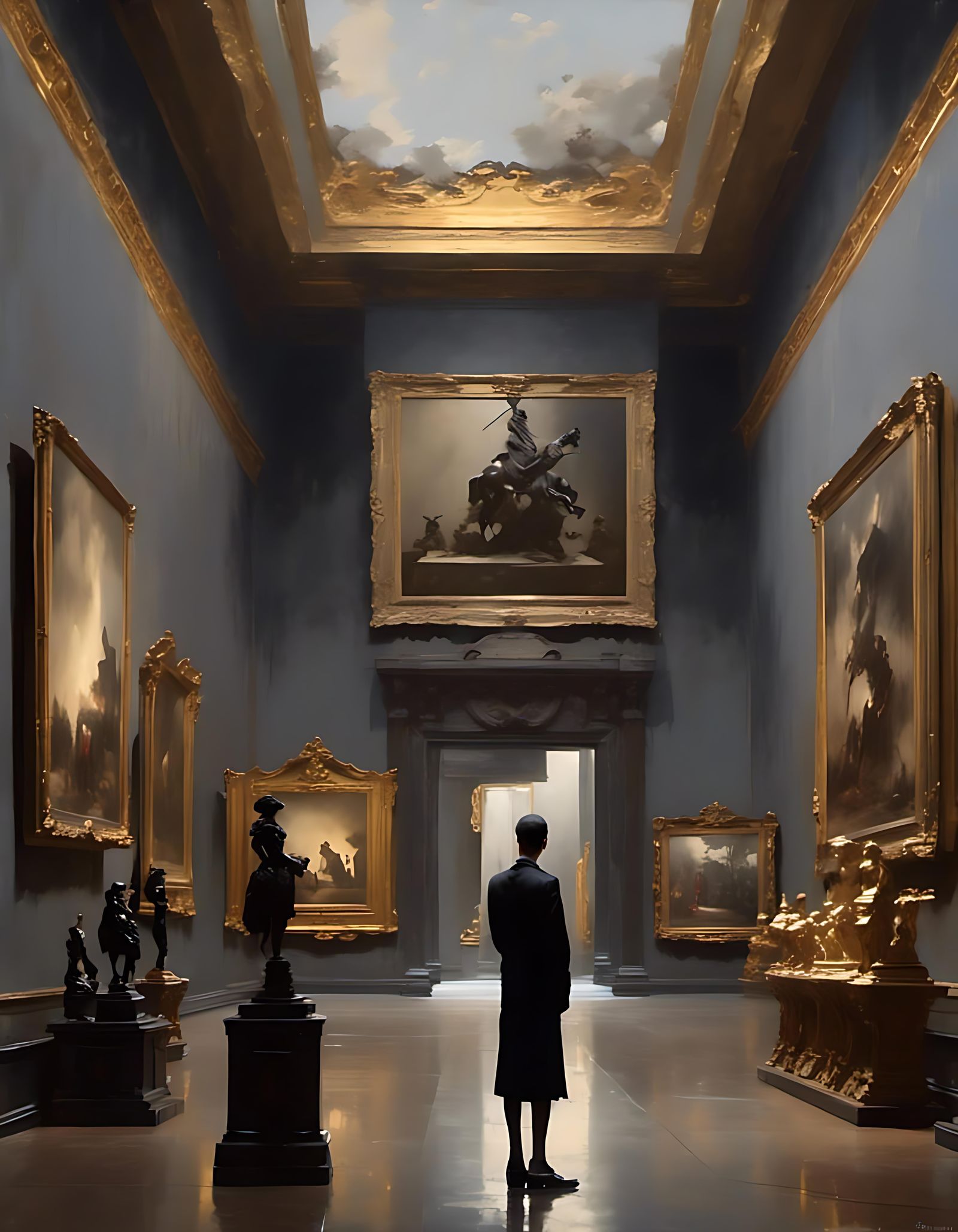 Elegant Figure Observes Art in Museum Gallery