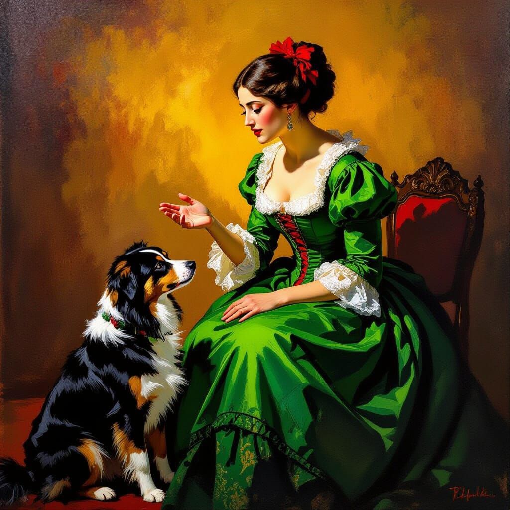 Baroque Spanish Woman With Dog in Dramatic Lighting