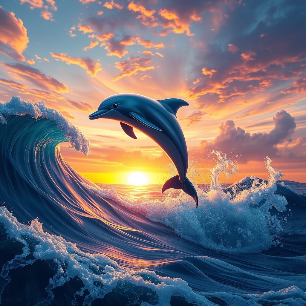 Dreamlike Dolphin in Vibrant Sunset Scene
