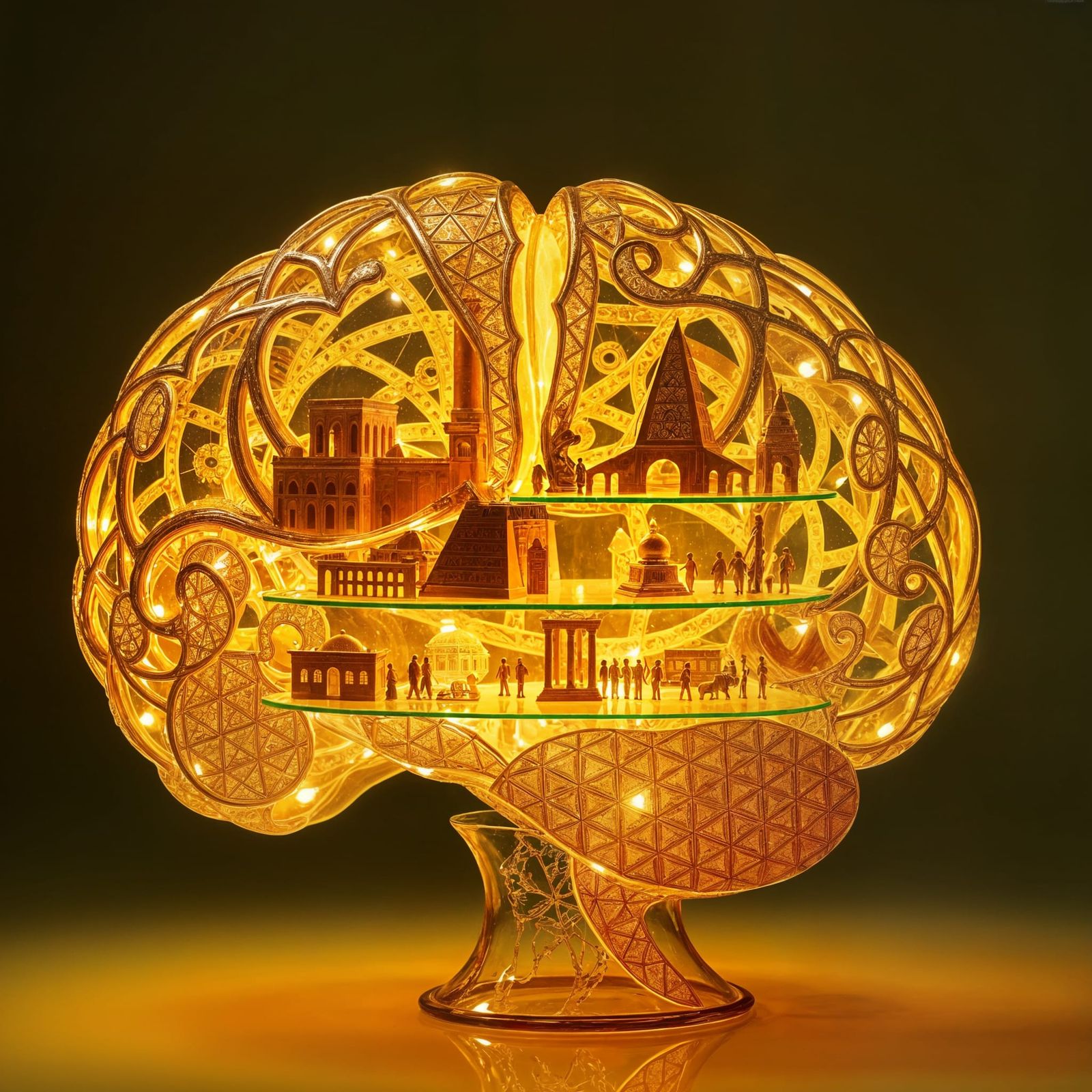 Golden Glass Brain Displaying Islamic Civilizations