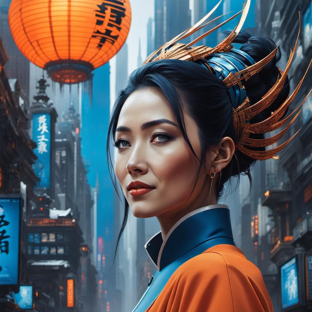 High-Tech Chinese Girl in Cityscape